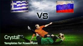  Presentation with green soccer field sport - Amazing PPT theme having friendly soccer match between greece backdrop and a wine colored foreground