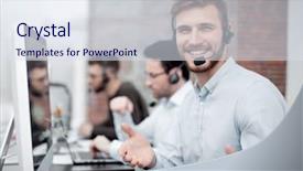  Presentation with staff - PPT layouts having friendly staff with a headset background and a sky blue colored foreground