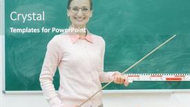  Presentation with pointer - Presentation theme consisting of friendly teacher standing in front of blackboard in class with a pointer in hand background and a teal colored foreground