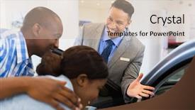  Presentation with car dealer - Amazing PPT theme having friendly vehicle dealer selling new car to young couple in showroom backdrop and a lemonade colored foreground