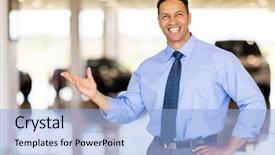  Presentation with vehicle - Slide deck enhanced with friendly vehicle salesman presenting new background and a light blue colored foreground
