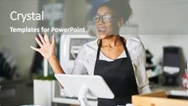  Presentation with customers - Audience pleasing slide deck consisting of welcoming customers at cash register backdrop and a gray colored foreground