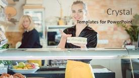  Presentation with friendly - Colorful PPT theme enhanced with friendly-women-selling-cheese backdrop and a soft green colored foreground