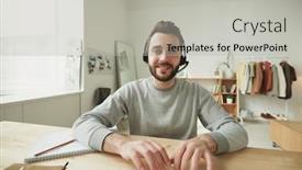  Presentation with monitor computer - Presentation theme with friendly-young-bearded-customer-support background and a light gray colored foreground