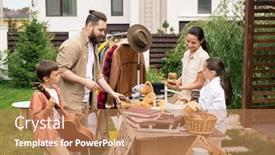  Presentation with friendly - Amazing PPT theme having friendly-young-family-standing backdrop and a coral colored foreground