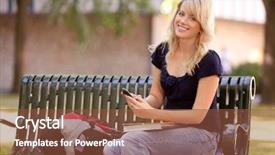  Presentation with text message - Slides with friendly young female student sitting on a bench sending a text message background and a tawny brown colored foreground