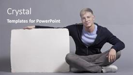  Presentation with signboard - Cool new PPT layouts with friendly-young-man-presenting-white backdrop and a gray colored foreground