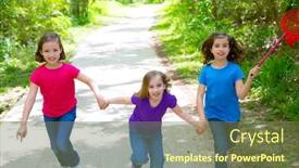  Presentation with girls running - Colorful slide set enhanced with friends and sister girls running in the forest track smiling happy with butterfly net backdrop and a tawny brown colored foreground