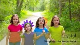  Presentation with horses and girls - Cool new presentation theme with friends and sister girls walking outdoor in forest track excursion backdrop and a gold colored foreground