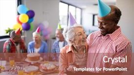  Presentation with retirement celebration - Slide set featuring friends at birthday celebration background and a red colored foreground