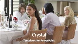  Presentation with dinner party - Cool new PPT layouts with friends at dinner party backdrop and a violet colored foreground