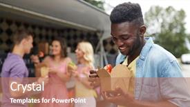  Presentation with food truck - Cool new PPT layouts with wok and friends at food backdrop and a coral colored foreground