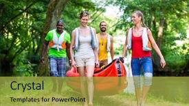  Presentation with forrest - Presentation design with friends carrying a canoe background and a yellow colored foreground