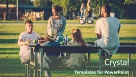  Presentation with multi ethnic group - Slide deck consisting of friends chatting in a park background and a tawny brown colored foreground