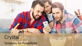  Presentation with friends - Audience pleasing presentation theme consisting of friends cheering and watching sports backdrop and a coral colored foreground