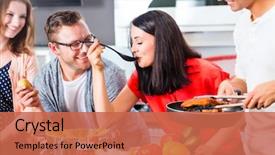  Presentation with cooking equipment kitchen utensils - Presentation design with friends cooking spaghetti and meat background and a coral colored foreground