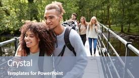  Presentation with crossing bridge - Amazing PPT theme having friends crossing a wooden bridge backdrop and a mint green colored foreground