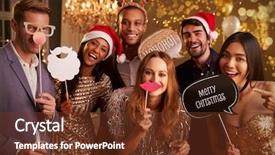  Presentation with christmas party - Colorful slide set enhanced with friends dressing up for christmas backdrop and a tawny brown colored foreground