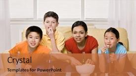  Presentation with television watching - Amazing slide deck having friends drinking soda and eating backdrop and a red colored foreground