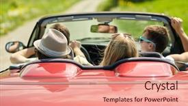  Presentation with road trip - Amazing PPT theme having friends driving in convertible car backdrop and a coral colored foreground
