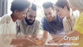  Presentation with siomai food business - PPT theme consisting of friends eating pizza in office background and a  colored foreground