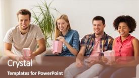  Presentation with energy food and junk food - Cool new slide set with friends eating popcorn and watching backdrop and a  colored foreground