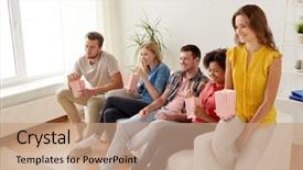  Presentation with junk food - PPT layouts having friends eating popcorn and watching background and a coral colored foreground