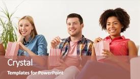  Presentation with energy food and junk food - Amazing PPT layouts having friends eating popcorn and watching backdrop and a  colored foreground