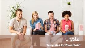  Presentation with junk food - Theme enhanced with friends eating popcorn and watching background and a coral colored foreground