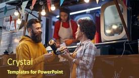  Presentation with food truck - Beautiful presentation theme featuring friends-eating-sandwiches-and-talking backdrop and a tawny brown colored foreground