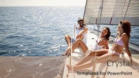  Presentation with yacht - Beautiful presentation theme featuring friends-enjoy-on-a-yacht backdrop and a coral colored foreground