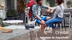  Presentation with time travel - PPT layouts enhanced with friends-enjoying-a-talk background and a gray colored foreground