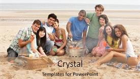  Presentation with bbq - PPT theme consisting of friends enjoying barbeque on beach background and a coral colored foreground