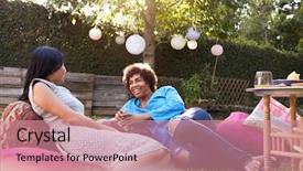  Presentation with mature masked female surgeon - PPT layouts having friends enjoying drinks in backyard background and a coral colored foreground