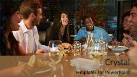  Presentation with restaurant equipment and utilises - Beautiful PPT theme featuring friends enjoying meal in restaurant backdrop and a coral colored foreground