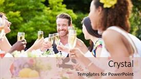  Presentation with outdoor party - Beautiful presentation design featuring friends enjoying outdoor dinner party backdrop and a coral colored foreground