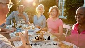  Presentation with dinner party - Beautiful slides featuring friends enjoying outdoor dinner party backdrop and a coral colored foreground