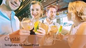  Presentation with alcoholic beverages - Presentation design with friends enjoying the bar and drinking sugary alcoholic beverages that will give them a headache next day but they do not care background and a coral colored foreground