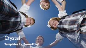  Presentation with huddle - PPT layouts enhanced with friends forming huddle against blue background and a ocean colored foreground