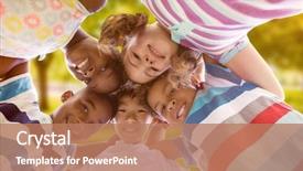  Presentation with huddle - Amazing PPT theme having friends forming huddle against trees backdrop and a coral colored foreground