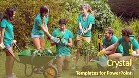  Presentation with community day - Amazing PPT theme having friends gardening for the community backdrop and a tawny brown colored foreground