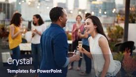  Presentation with city rooftop party - Audience pleasing slides consisting of friends gathered on rooftop terrace for party with city skyline in background backdrop and a navy blue colored foreground
