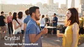  Presentation with city rooftop party - PPT theme having friends gathered on rooftop terrace for party with city skyline in background background and a violet colored foreground