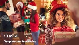  Presentation with gifts - Audience pleasing theme consisting of friends giving gifts for christmas backdrop and a tawny brown colored foreground