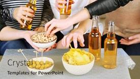  Presentation with snacks - Presentation theme with friends hands with bottles of beer and snacks close up background and a yellow colored foreground