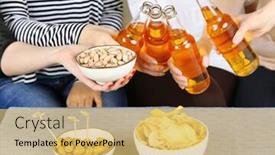  Presentation with snacks - Slide deck consisting of friends hands with bottles of beer and snacks close up background and a yellow colored foreground
