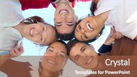  Presentation with group of happy couples - Cool new presentation theme with friends happy group in circle backdrop and a  colored foreground