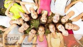  Presentation with heads - Colorful presentation theme enhanced with friends-happy-group-in-circle backdrop and a coral colored foreground