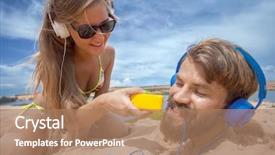  Presentation with sky blue - Slide deck with friends have fun on sandy background and a coral colored foreground