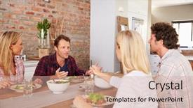  Presentation with dinner party - Presentation theme featuring friends having a dinner party background and a coral colored foreground